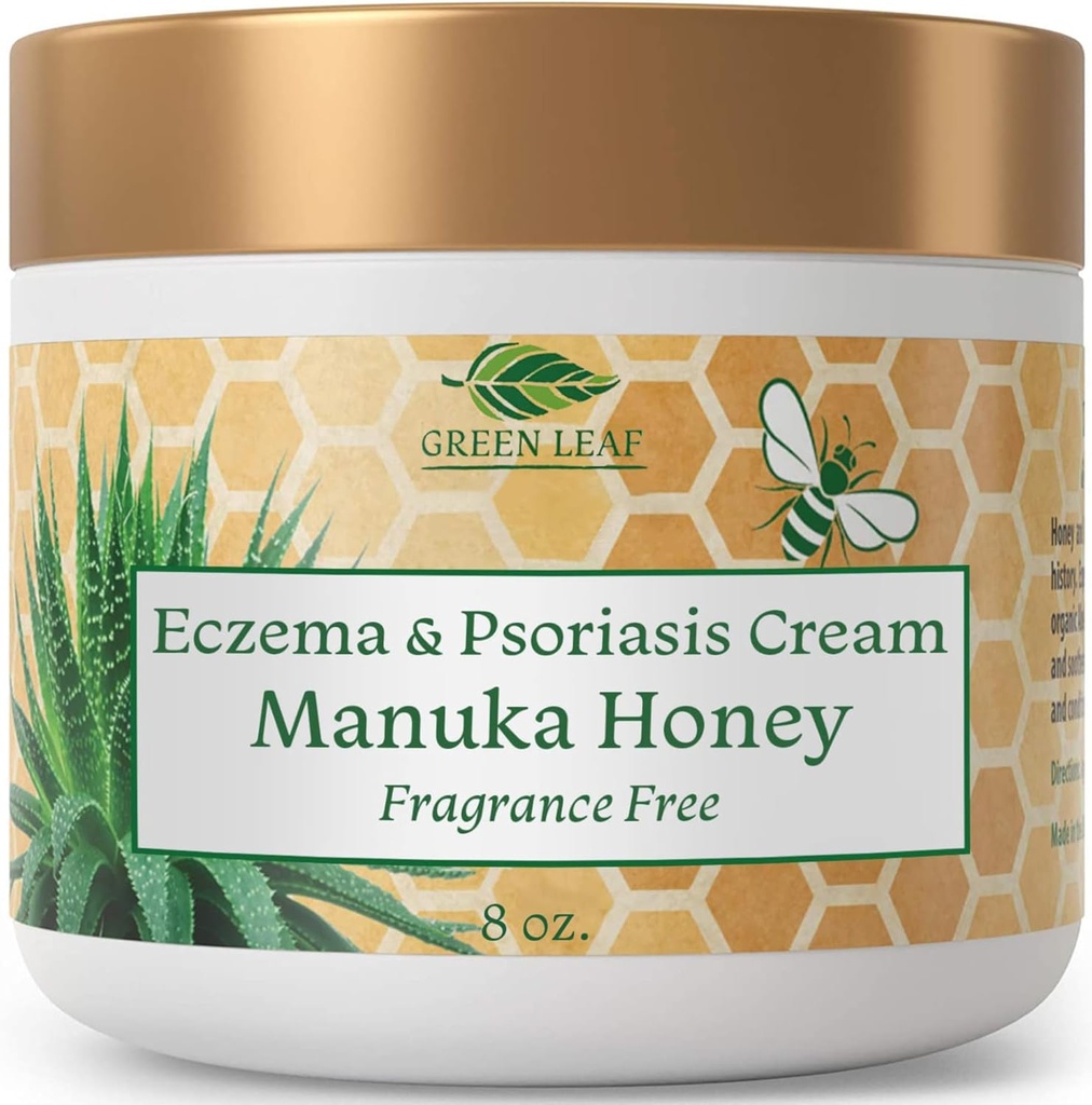 Manuka Honey Eczema Cream Moisturizing Lotion Fragrance Free For Psoriasis Relief - Itchy, Dry Skin Rash Ointment - Skin Soothing Moisturizer - Body & Face Cream - Kids & Adults 8oz