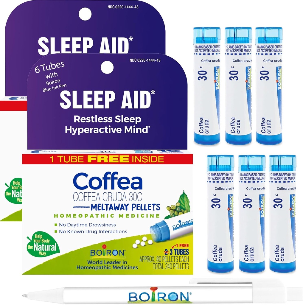 Boiron Coffea Cruda 30C - 6 Tubos Azules Total - Homeopático Ayuda para el sueño inquieto, hiperactividad mental, Pensamientos de carreras, y Dificultad para dormir con la tinta azul