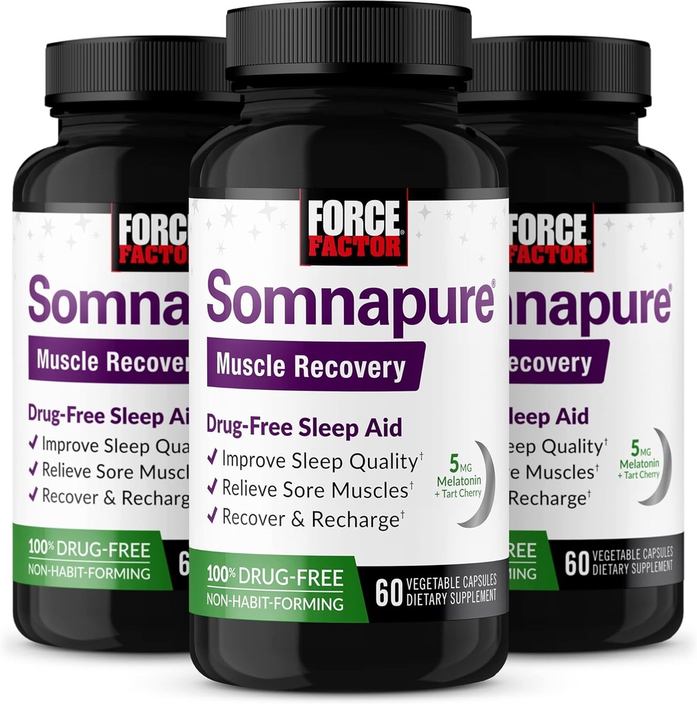 FORCE FACTOR Somnapure Muscle Recovery Ayuda para adultos con Melatonin 5mg, Holy Basil y L-Theanine, Suplemento para el apoyo al sueño, Muscle Soreness Relief, &amp; Muscle Recovery, 180 Caps, 3-Pack