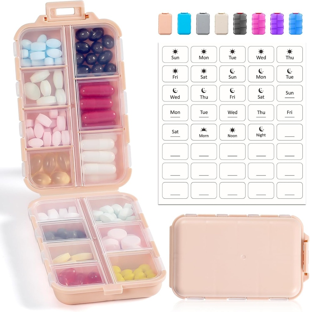14 GRIDS Travel Pill Organizer Box with Labels - Travel Medicine Case Kit - Pocket Daily Pharmacy Container - Travel Medication Holder Dispenser for Fish Oil Vitamin Supplement Storage - Pink