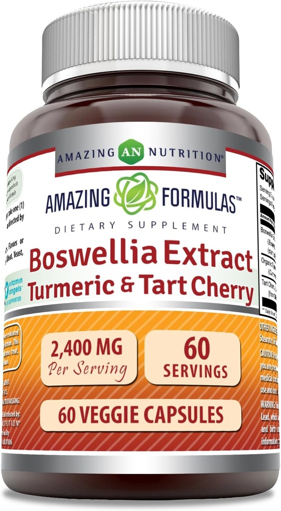 Amazing Formulas Boswellia Extracto Turmeric y Tart Cherry Suplemento TENIDO 2400 Mg Por Serving TEN 60 Veggie Capsules ← Non-GMO TEN Gluten Free TEN Made in USA