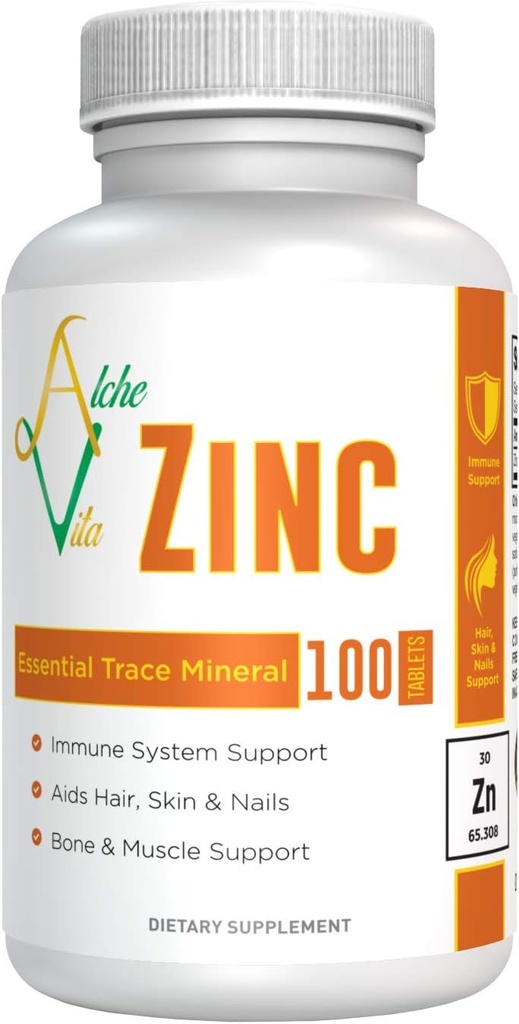 AlcheVita Zinc 50mg – Alta Biodisponibilidad – Mineral de traza esencial – Suplemento para soporte inmunitario, huesos, esquía y apoyo muscular