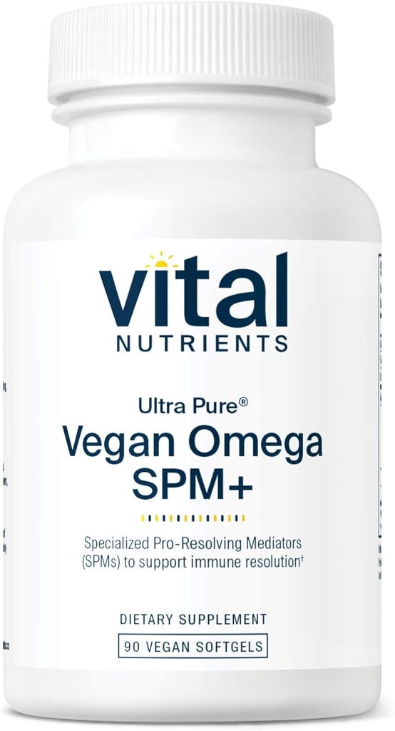 Vital Nutrients Ultra Pure® Vegan Omega SPM+ Ø Vegan Specialized Pro-Resolving Mediators (SPM) Omega-3 Suplemento Silencio Minor Joint Discomfort Relief* ← Gluten, Dairy, Soy Free, Non-GMO TEN 90 Mini Softgels