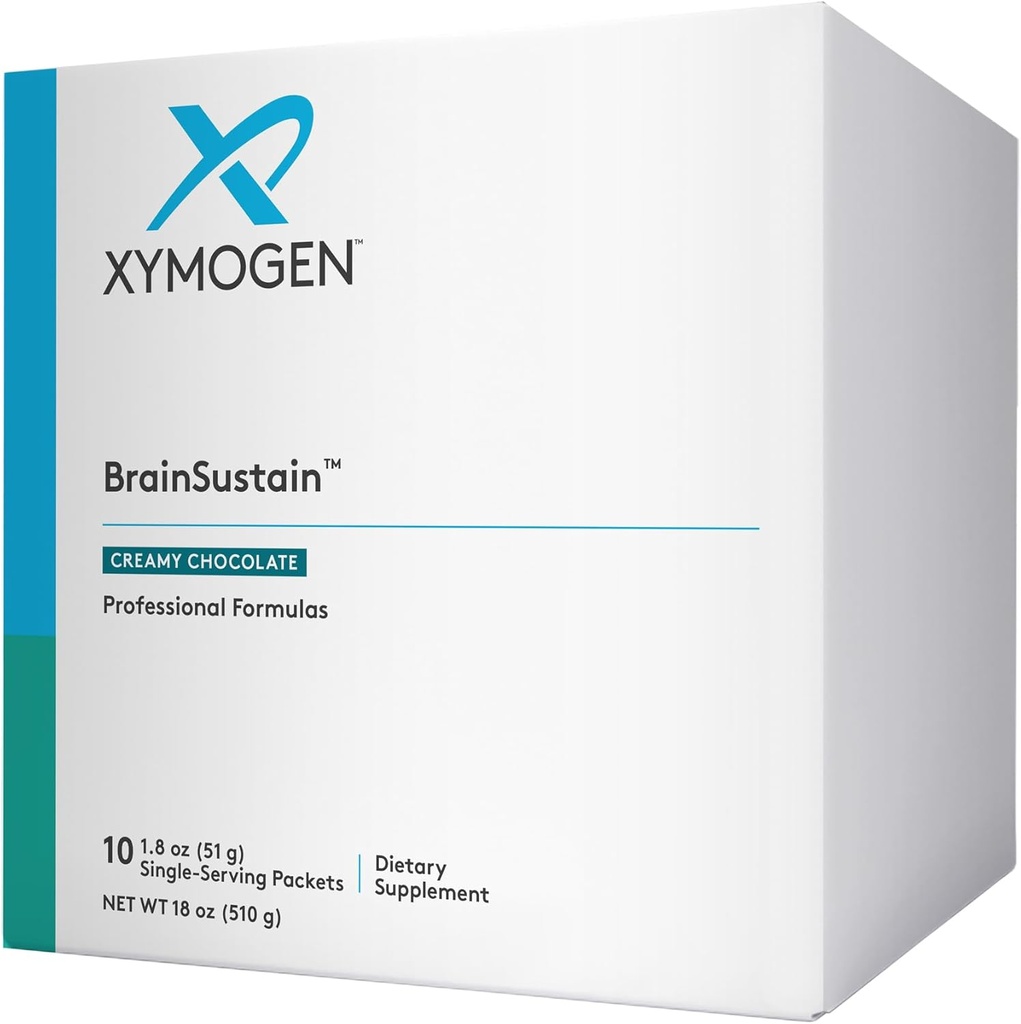 XYMOGEN BrainSustain Powder - Memoria + Soporte Cerebro Bebida con 19g Pea Proteína, B Vitaminas, Minerales, Aminoácidos, Phosphatidylserine, DHA + CoQ10 - Chocolate Creamy (10 Packets)