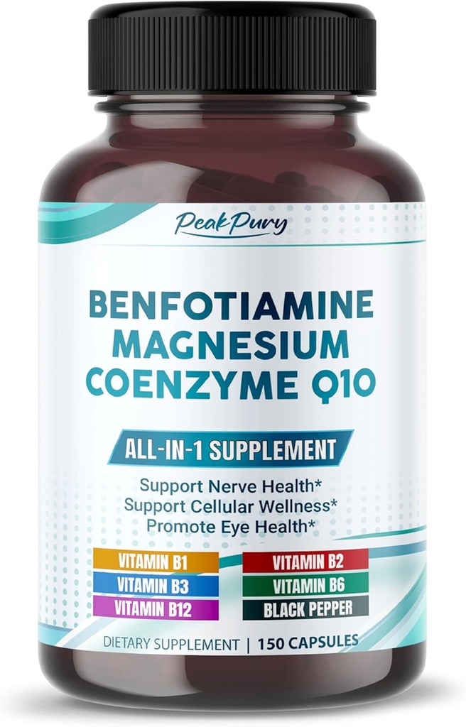 Benfotiamina con Magnesium " Coenzyme Q10 - Apoyo a la salud del nervio, bienestar celular y salud del ojo - Hecho en los EE.UU.- 150 cápsulas