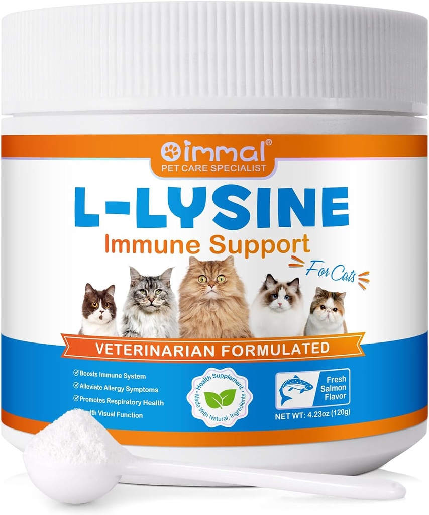 L-Lysine Powder for Cats, Lysine Supplement for Cats, Support Immune System, Respiratory Health &amp; Visual Function and Allergy Relief, Pets Health Supplies Multivitamins, Salmon Flavor - 4.23 oz / 120g