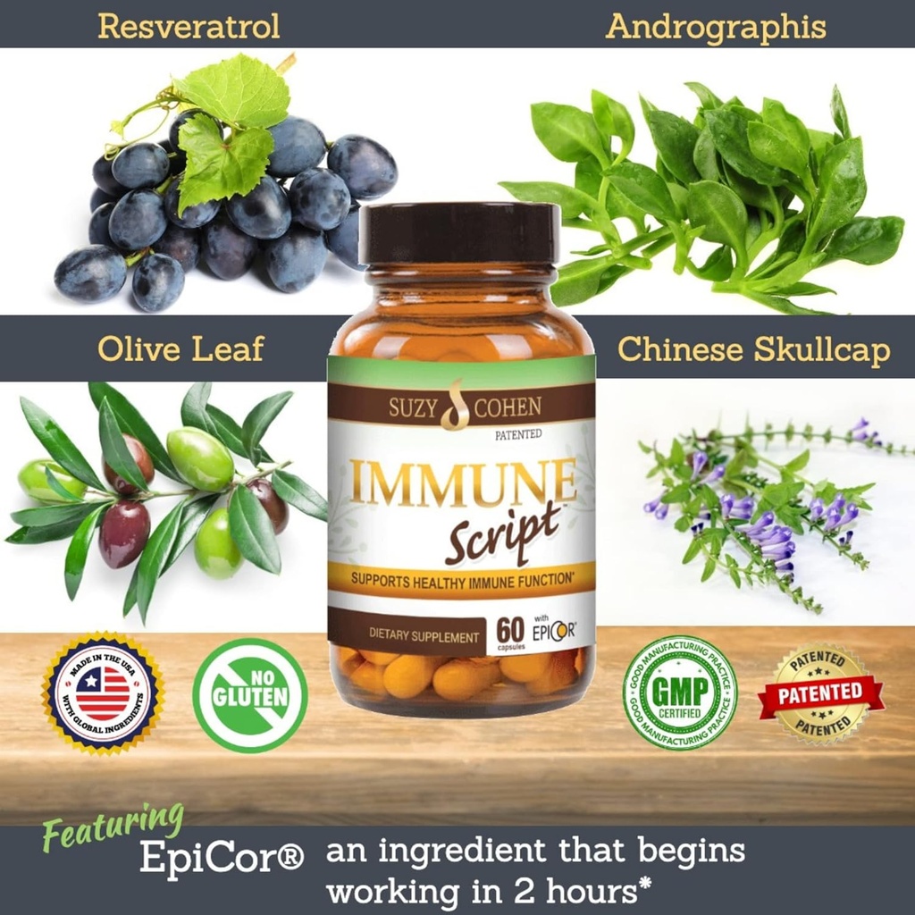 Immune Script con EpiCor para Immune Temporal, Gut y Respiratory Support - Contiene Andrographis, Skullcap, Resveratrol, Olive Leaf Extract, Supports Refreshing Sleep - 60 Capsules