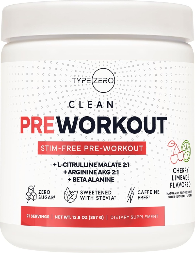 Tipo Zero Ultra Clean Stim Free Pump Pre Workout + Nitric Oxide Booster (Cherry Limeade) - No estimulante y libre de cafeína para hombres y mujeres
