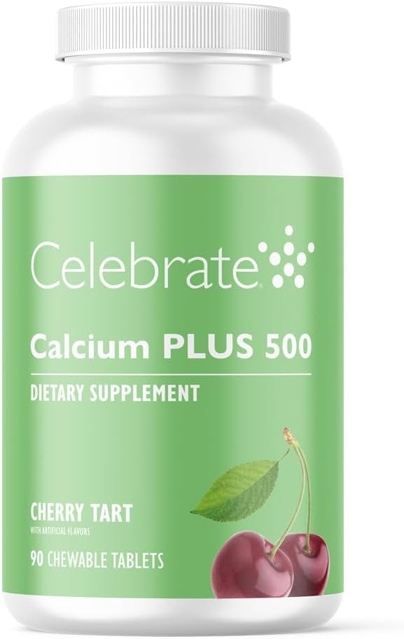 Celebrar vitaminas Calcio Plus - 500 mg Citrato de Calcio, 333 UI Vitamina D3 &amp; 34 mg Magnesio para Cirugía Postcaria - Sin gluten &amp; Sin azúcar - Cereza, 90 Tablas Chewable