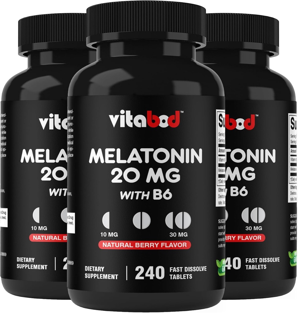 Melatonina 20 mg - 240 Tablas rápidas de disuelve - Libre de medicamentos - Sabor natural de Berry - Vegetariano, No GMO, Gluten Cuenta libre 240 (Pack of 3)