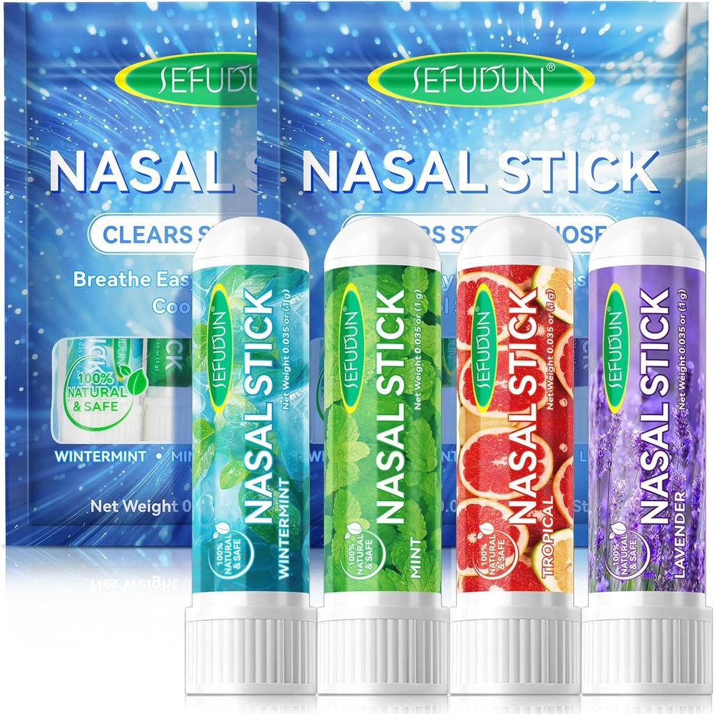 8PCS Nasal Stick,Nasal Inhaler Stick,Inhaler Nasal Stick for Sinus Relief curvatigo Relief,Aromatherapy Inhaler Fabricado con Aceites Esenciales+Menthol (Mint,Wintermint,Tropical,Lavanda)
