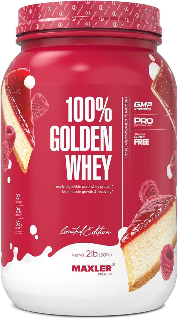 Maxler 100% Golden Whey Protein - 24g de Proteína por Servir - Premium Whey Protein Powder para Pre Post Workout - Fast-Absorbing Whey Concentrate Isolate Hydrolysate Blend - Raspberry Cheesecake 2 lb