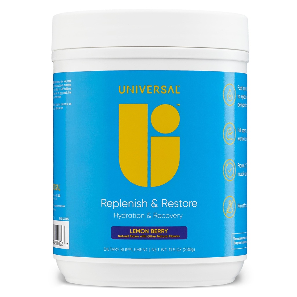 Universal U Replenish " Restore Powder, Hydration " Recovery, Promotes Muscle Repair and Growth, Custom Dosing, L-Lysine, L-Glutamine, L-Tryptophan, No Artificial Flavors, 30 Servings (Lemon Berry)
