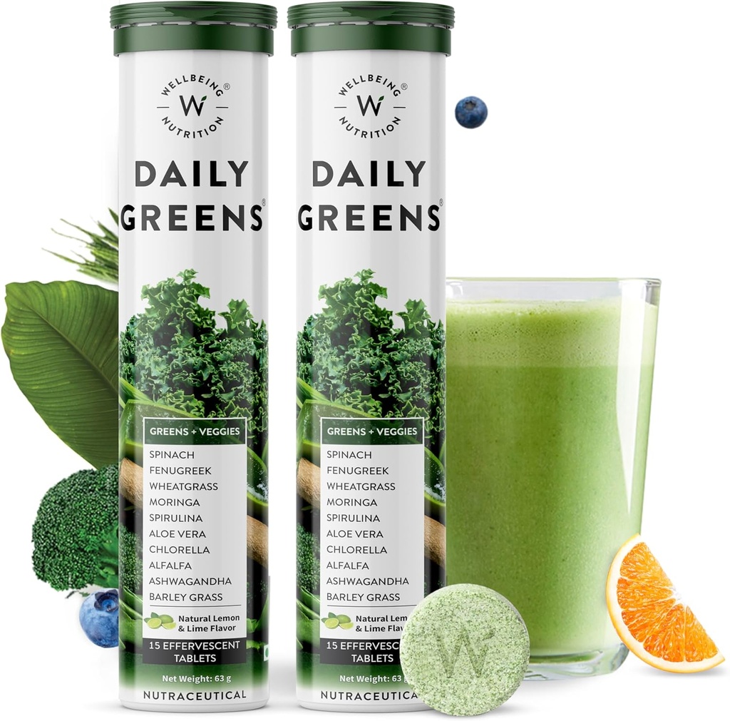 WELLBEING NUTRITION Daily Greens, Wholefood Multivitamin with Vitamin C, Zinc, B6, B12 for Immunity and Detox with 39+ Organic Certified Plant Superfoods & Antioxidants(15Tabs x 2) (63 g (Pack of 2))