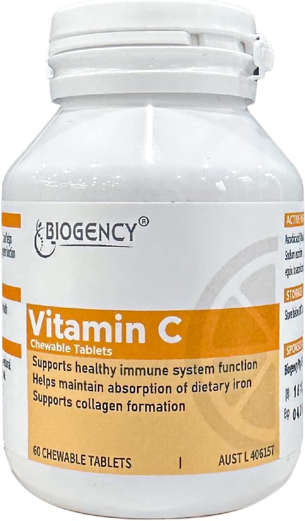 60 Tablet Vegan Food Vitamin C Chewable Supplement - Absorbable Organic Antioxidant Ascorbic Acid Mejora la piel Boosts Inmunity - Gluten Free for Adults and Children, 1 Pack