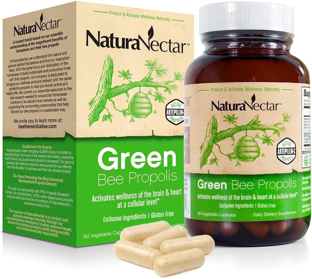 NaturaNectar - Green Bee Propolis Capsules - NSF Contents Certified Brazilian Green Propolis - Gluten-Free Propolis Suplementos con Flavonoids - Naturalmente Fuentedo a través de la Apicultura ética (60pcs.)