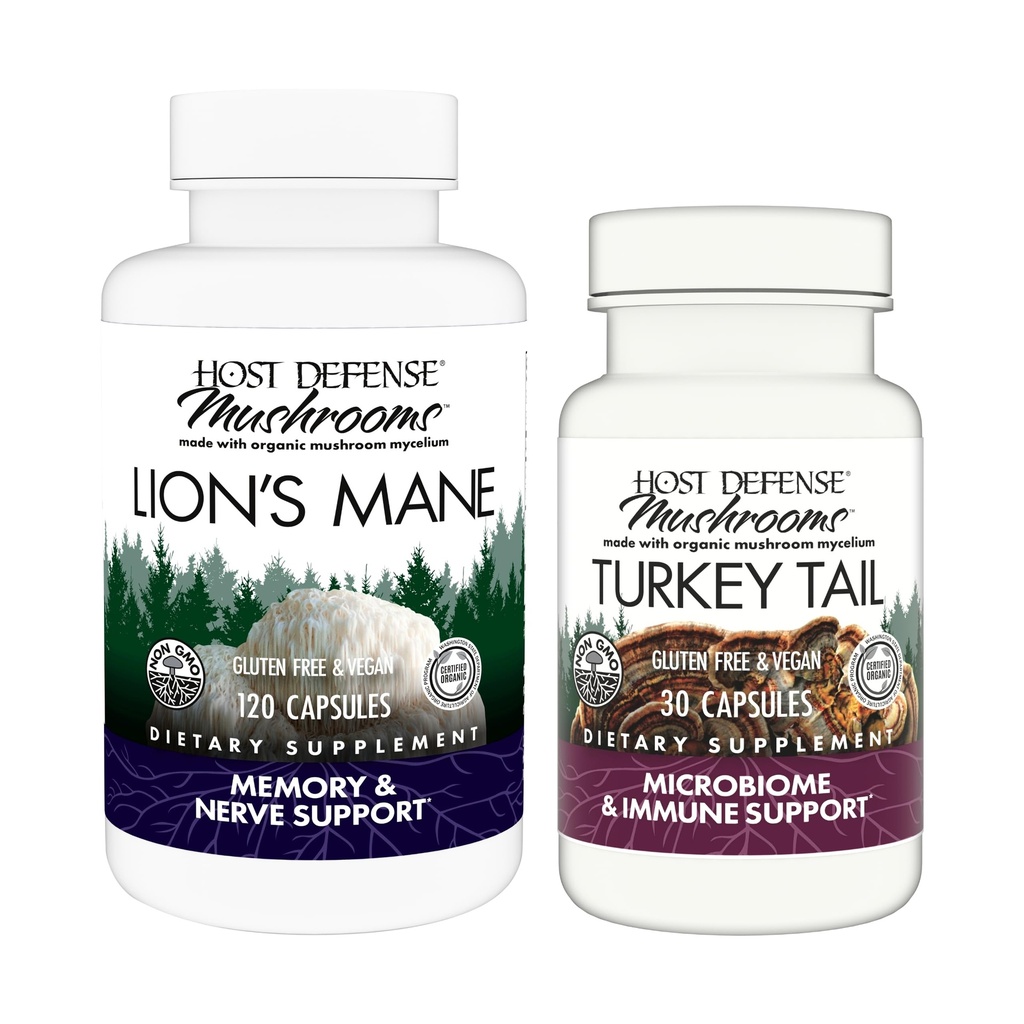 Host Defense Bundle with Lion's Mane Capsules, 120 Count & Turkey Tail Capsules, 30 Count - Support Brain Health, Memory & Focus - Support Digestive & Immune Health*