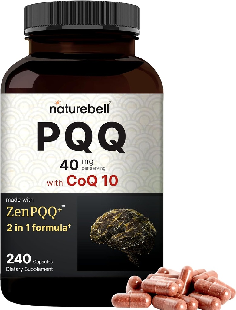 NatureBell PQQ 40mg Por Serving with CoQ10, 240 Capsules peru Active Pyrroloquinoline Quinone, Highly Bioavailable ZenPQQ+ Fórmula – Promueve Corazón, Cerebro, &amp; Salud Mitocondrial – Non-GMO