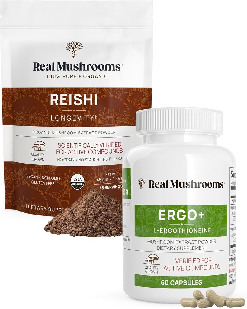 Real Mushrooms Ergothioneine (60ct) y Reishi Organic Powder (45 Servings) Bundle con Shiitake y Oyster Mushroom Extractos - Longevidad y Relajación -Vegan, Gluten Free, Non-GMO