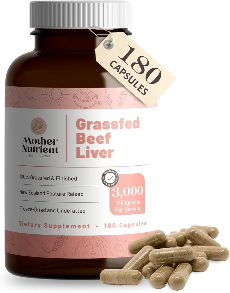 Madre Nutrient Grass Fed Beef Liver Capsules Fuente de Pasture-Raised Beef en Nueva Zelanda: Vitaminas A y B12 w/Iron, Proteína y Más - Suministro de 45 días-180 cápsulas