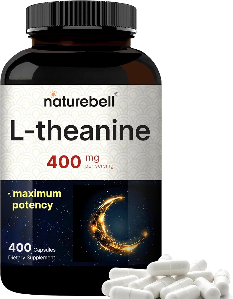 Double Strength L Theanine 400mg, 400 Capsules ← Max Potency L-Theanine Suplemento para la relajación, el sueño &amp; la calma Apoyar Silencio Forma libre Biodisponible ← Aminoácido Natural para Mujeres &amp; Hombres
