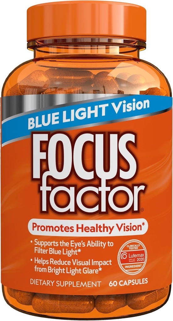 Factor de foco Fórmula de luz azul (60 Cuenta) - Vitaminas de ojos con soporte de filtración de luz azul - Lutein y Zeaxanthin Suplemento con vitamina C, vitamina E, Lutemax 2020® - Promover la salud de los ojos