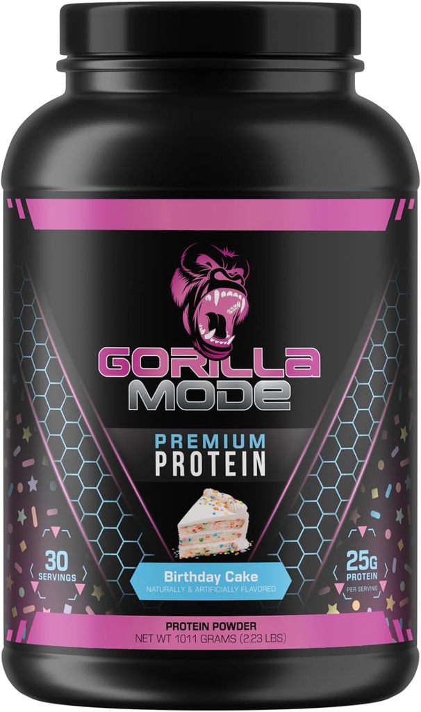 Gorilla Mind Premium Whey Protein - Pastel de Cumpleaños, 25 Gramos de Whey Protein Isolate " Concentrate,Recover and Build Muscle (30 Servings)