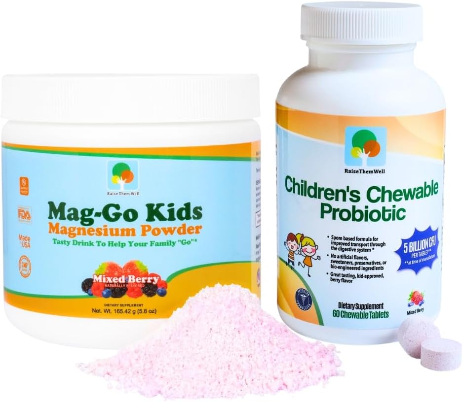 Raise Them Well Mag-Go Kids Magnesium Powder, Childrens Probiotic &amp; Kids Vitamin C and Immune Support