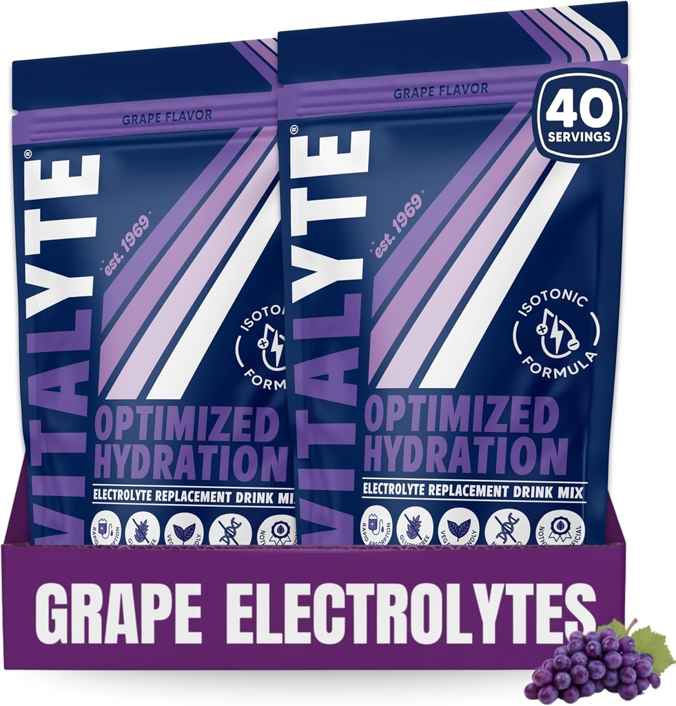 Vitalyte Electrolyte Powder Drink Mix, Isotonic Electrolyte Hydration Mix, Gluten Free Post Workout Powder Mix, Pack de 2, 35 oz. Cada uno, sabor de uva