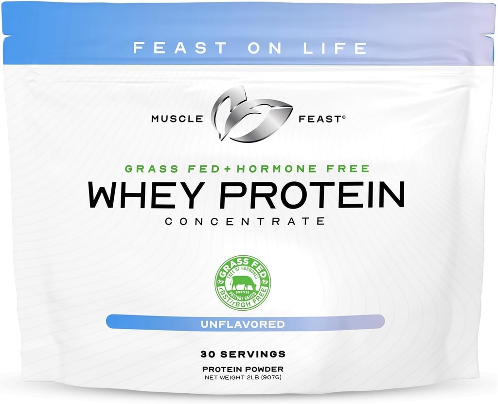 Muscle Feast Grass-Fed Whey Protein Concentrate Powder, All Natural, Hormone Free Pasture Raised Whey Protein Powder for Women &amp; Men, Clean, Non-GMO & Gluten Free Whey Concentrate - Unflavored, 2lb