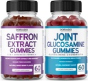 Saffron (60 Gummies) Premium 5 en 1 Advanced Formula - Delicious Raspberry Flavor y Glucosamine Chondroitin Joint Supplement (60 Count) Joint Supplements for Men &amp; Women - Vegan Safe & Made in USA
