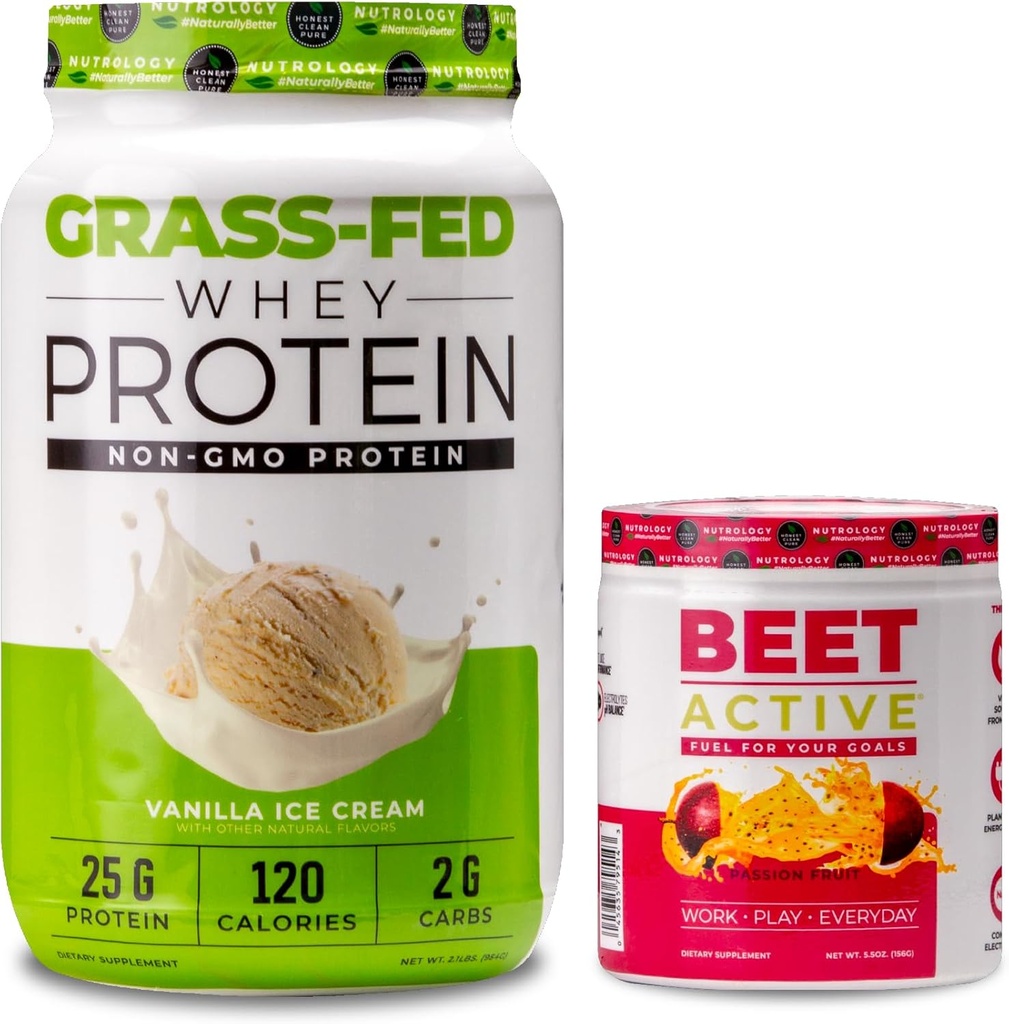 Nutrology Grass Fed Whey Protein Powder, soporta Lean Muscle Recovery & Performance, Vanilla Ice Cream Flavor (28 Servings) Beet Active, Natural Pre-Workout Powder, Passion Fruit Flavor