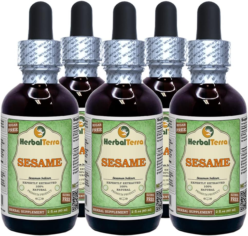 Sesame (Sesamum Indicum) Glycerite, Organic Dried Seeds Alcohol-FREE Liquid Extract (Brand name: HerbalTerra, Proudly made in USA) 5x2 fl.oz (5x60 ml)