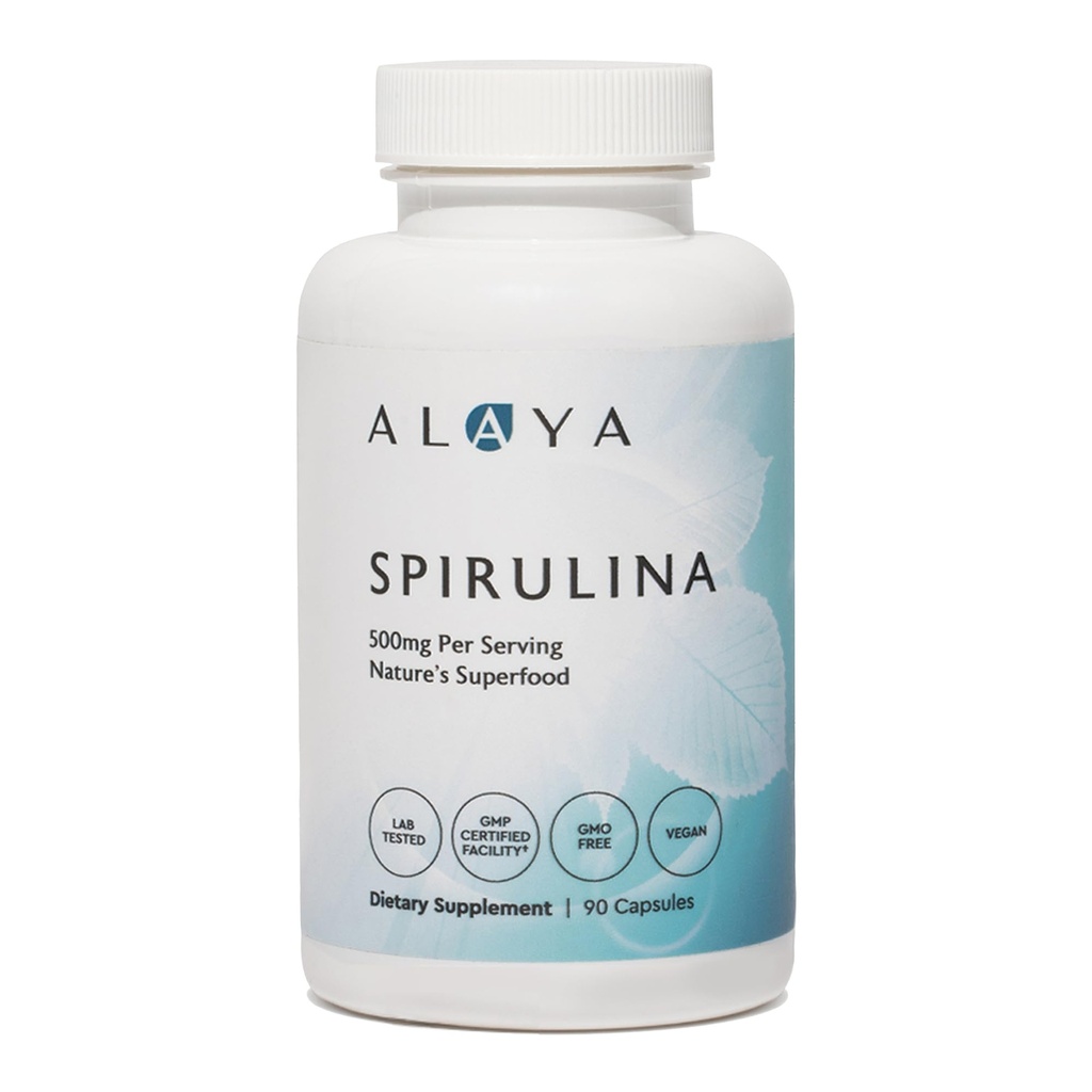 Alaya Naturals - Pure Spirulina Capsules - Hecho con Tierra Spirulina, Blue Green Algae Superfood - No GMO & Vegan - 500 mg, 90 cápsulas
