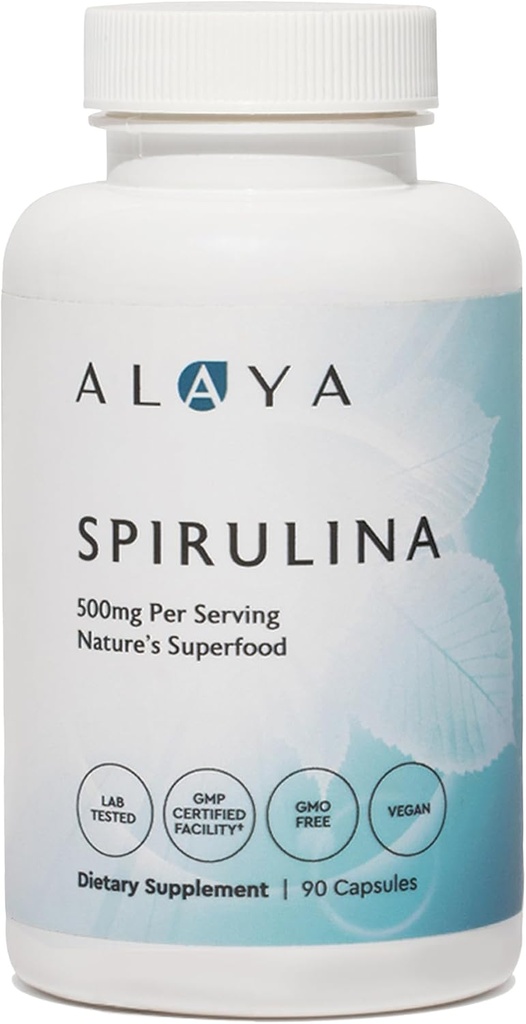 Alaya Naturals - Pure Spirulina Capsules - Hecho con Tierra Spirulina, Blue Green Algae Superfood - No GMO & Vegan - 500 mg, 90 cápsulas