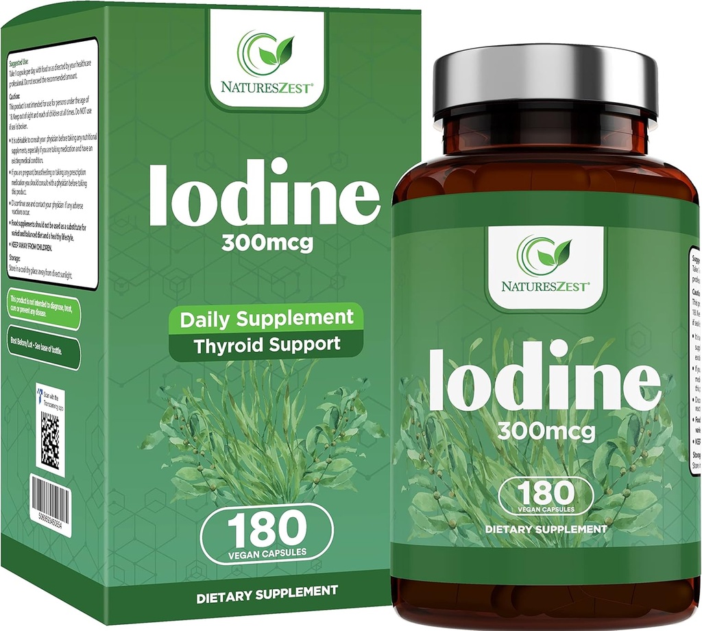 Suplemento de yodo - 180 caps, 180-Day-Supply – Suplemento de soporte de tiroides – 300mcg Iodo puro por cápsula – Fórmula de tiroides, para una función normal de tiroides – Ioduro de potasio – Suplemento de yodo vegano