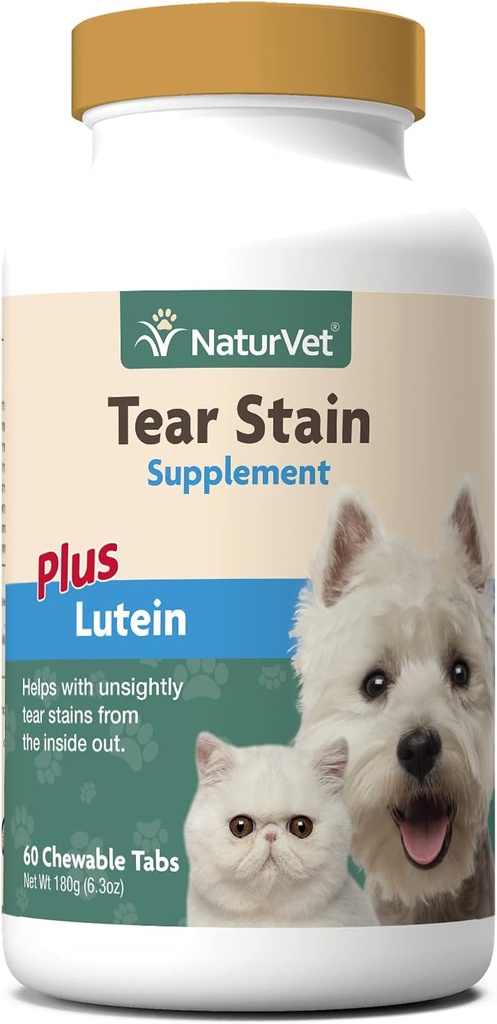 NaturVet - Tear Stain Plus Lutein - Elimina las estatinas delgadas de lana - Mejoradas con extracto de arándano, Calcio Ascorbate & Oregon Grape Root - para perros &amp; gatos - 60 Tablets