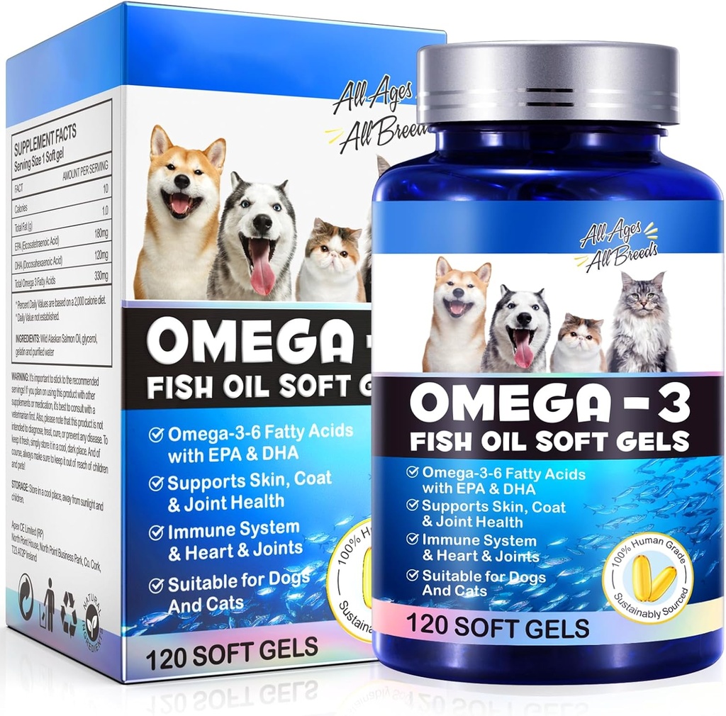 Omega-3 aceite de pescado para perros, Omega 3 aceite de pescado con EPA &amp; DHA ayuda a perros alergias estacionales Alivio, Boosts función inmune, Itch Skin Relief &amp; Promote Coat Health, Suplementos de mascotas - 120 geles blandos