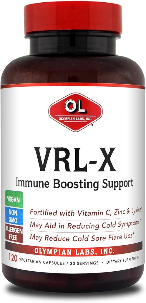 Laboratorios Olímpicos VRL-X Apoyo Inmunitario Avanzado, Vitamina C, Zinc & Lysine, May Aid in Cold Sore Relief, 120 cápsulas