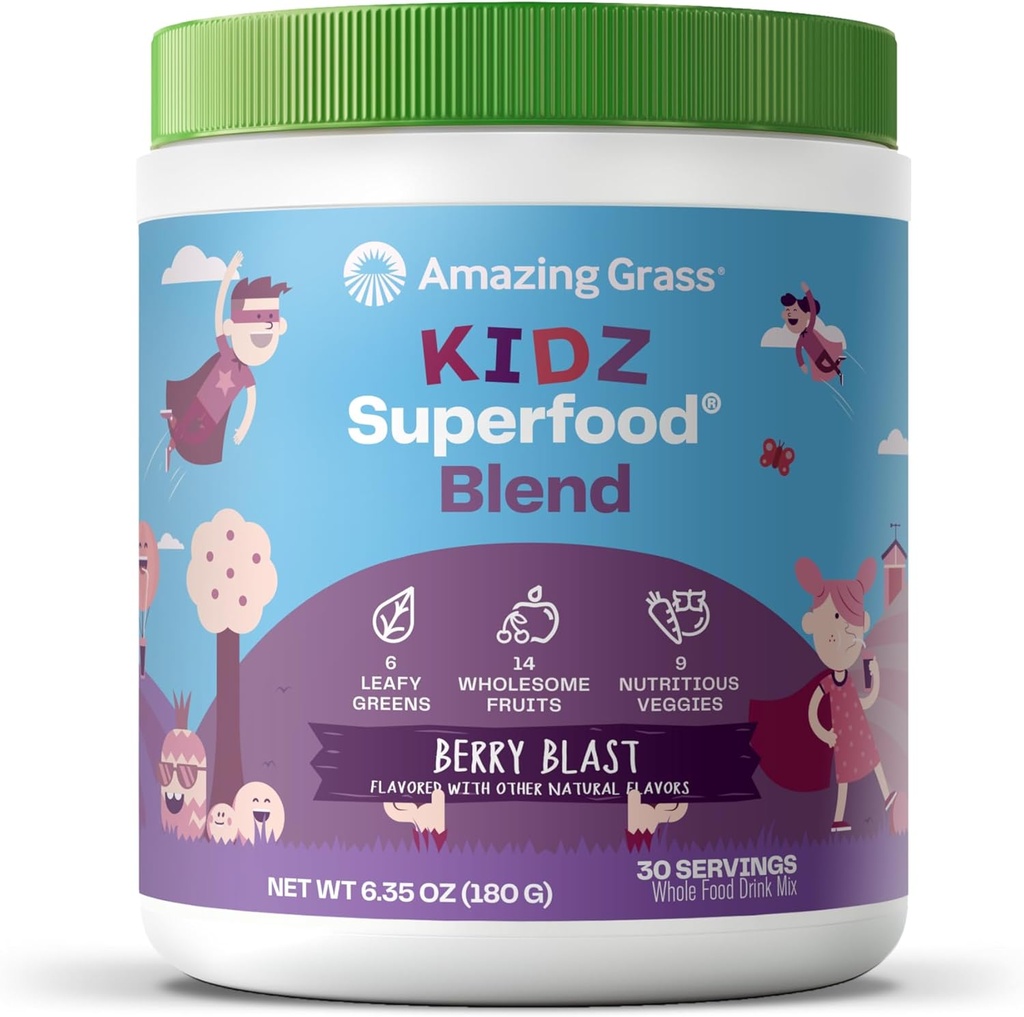 Increíble Grass Kidz Superfood: Ecológicos Verdes, Frutas, Veggies, Beet Root Powder " Probióticos para niños sanos, Berry Blast, 30 Servimientos