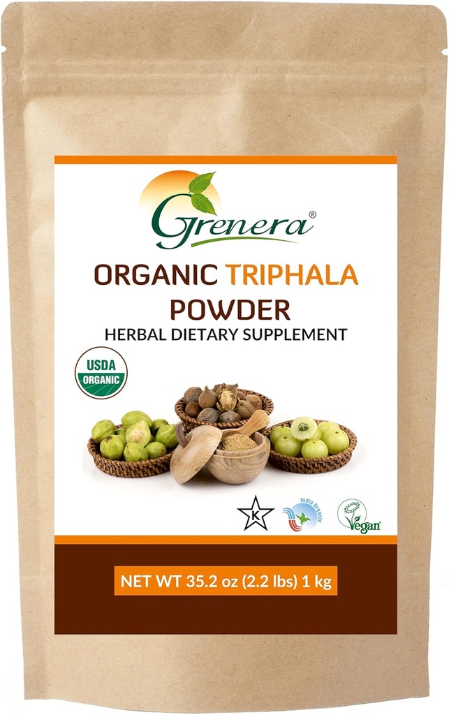 Grenera Orgánica Triphala Powder 2.2 lb (35.2 onzas) - Hecho con Amalaki Orgánico, Bibhitaki Orgánico, Fruta de Haritaki Orgánica - USDA Orgánico, Vegan, Certificado de Kosher