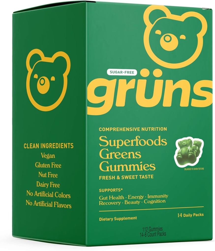 Gruns Sugar Free Super Greens Gummy Bears - Espirulina orgánica y Clorella, Prebióticos para la salud digestiva, 20+ Vitaminas y Minerales, Adaptógenos - 14 sachets - 112 Gummies