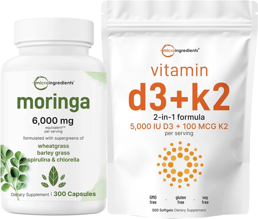 Micro Ingredientes Vitamina D3 5,000iu + K2 100mcg Softgels & Moringa Oleifera 6.000mg Equivalente 300 Capsules Bundle 2 Pack ← Esencial Sunshine Vitaminas ← Suplemento Antioxidante
