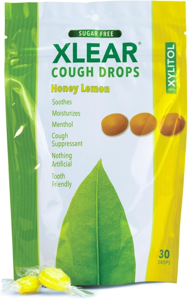 Xlear Xylitol Gotas de tos sin azúcar para adultos y niños, sin azúcar de la boca seca para el alivio de la garganta, no GMO, libre de gluten, miel natural Lemon, 30 Conde (Pack of 1)
