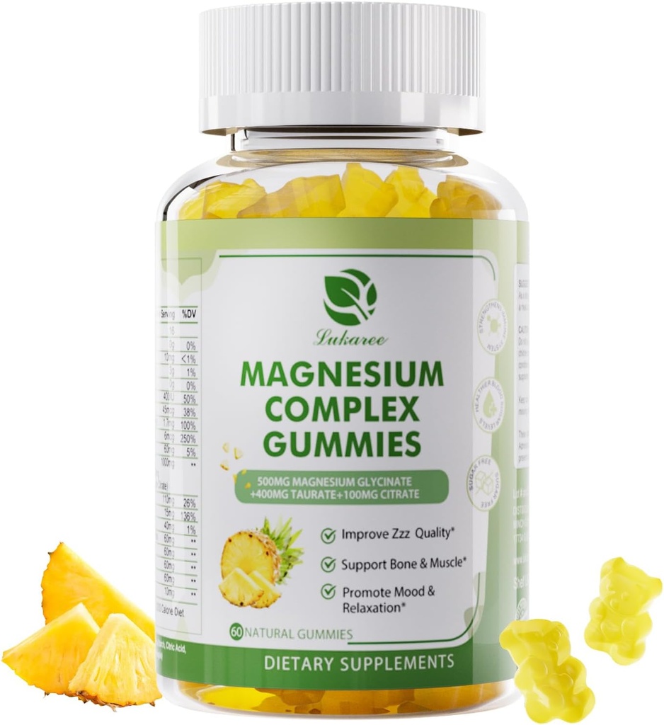 Magnesium Glycinate Gummies TEN como Complejo Triple Magnesium Glycinate, Taurate & Citrate - Magnesium Supplement w/Calcium, Zinc &amp; D3,K2 for Immune- 60 Count