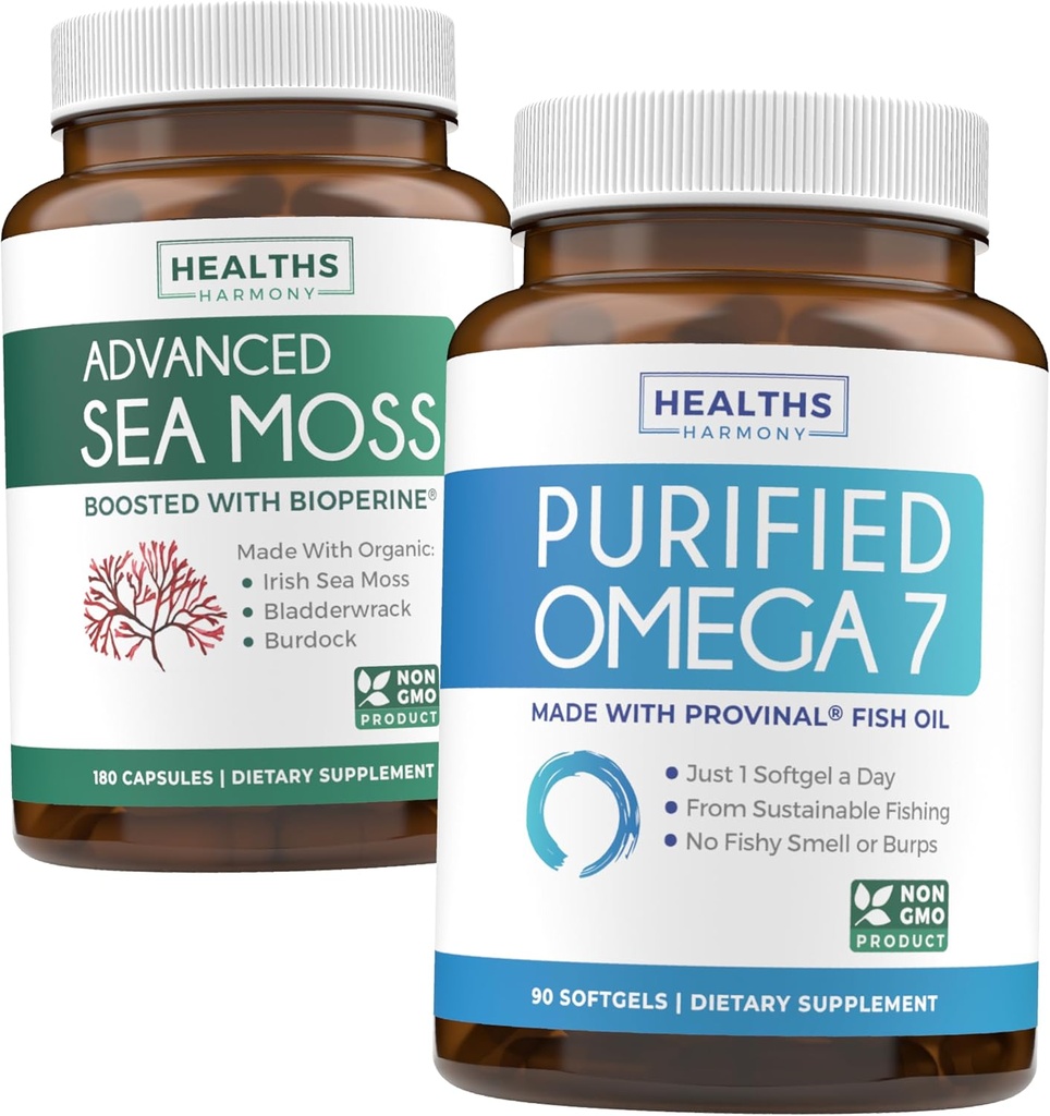 Mar irlandés Moss &amp; Omega 7 (3-Month Supply) Sea Omega Combo Bundle - Organic Irish Sea Moss - Raw Vegan Supplement (180 Caps) & Omega 7 Softgels - Provinal Sostenible Peruano Anchovy Fish Oil -90 Caps
