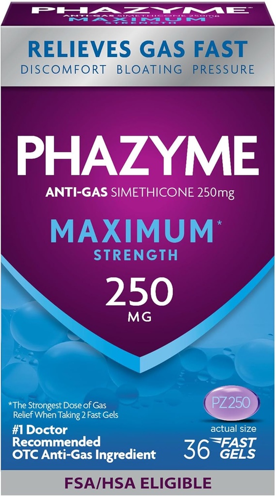 Phazyme Maximum* Strength Anti-Gas 250 mg Simethicone Gas Relief for Adults, Fast Gels Quickly Ease Bloating, Pressure & Discomfort, 36 Condes