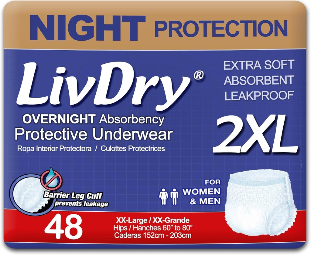 LivDry XXL Diapers adultos durante la noche para mujeres y hombres, ropa interior de incontinencia, XX-Large, 48-Pack