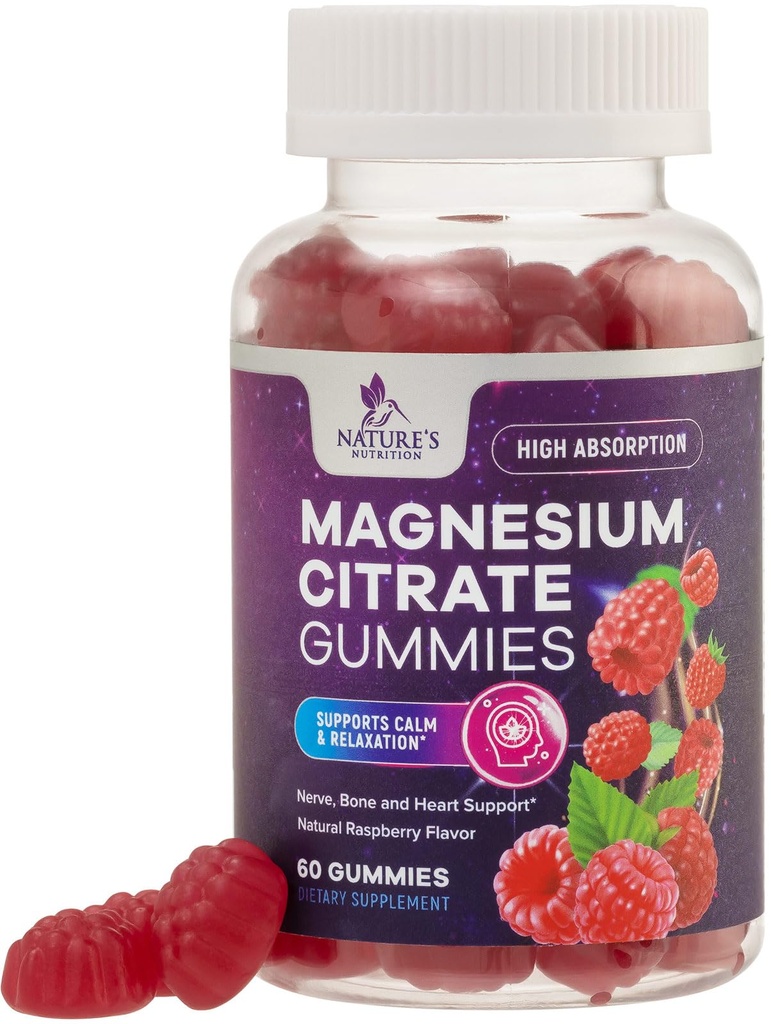 Magnesio Citrate Gummies Suplemento - Alta Absorción, Magnesio Vegan Gummy Suplemento para Adultos &amp; Niños, Magnesio Citrate Gummy Suplementos para Muscle, Nerve, Bone y Heart Support - 60 Gummies