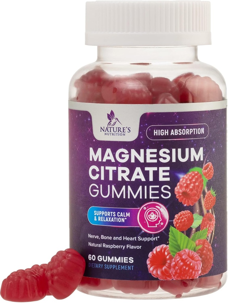 Magnesio Citrate Gummies Suplemento - Alta Absorción, Magnesio Vegan Gummy Suplemento para Adultos &amp; Niños, Magnesio Citrate Gummy Suplementos para Muscle, Nerve, Bone y Heart Support - 60 Gummies